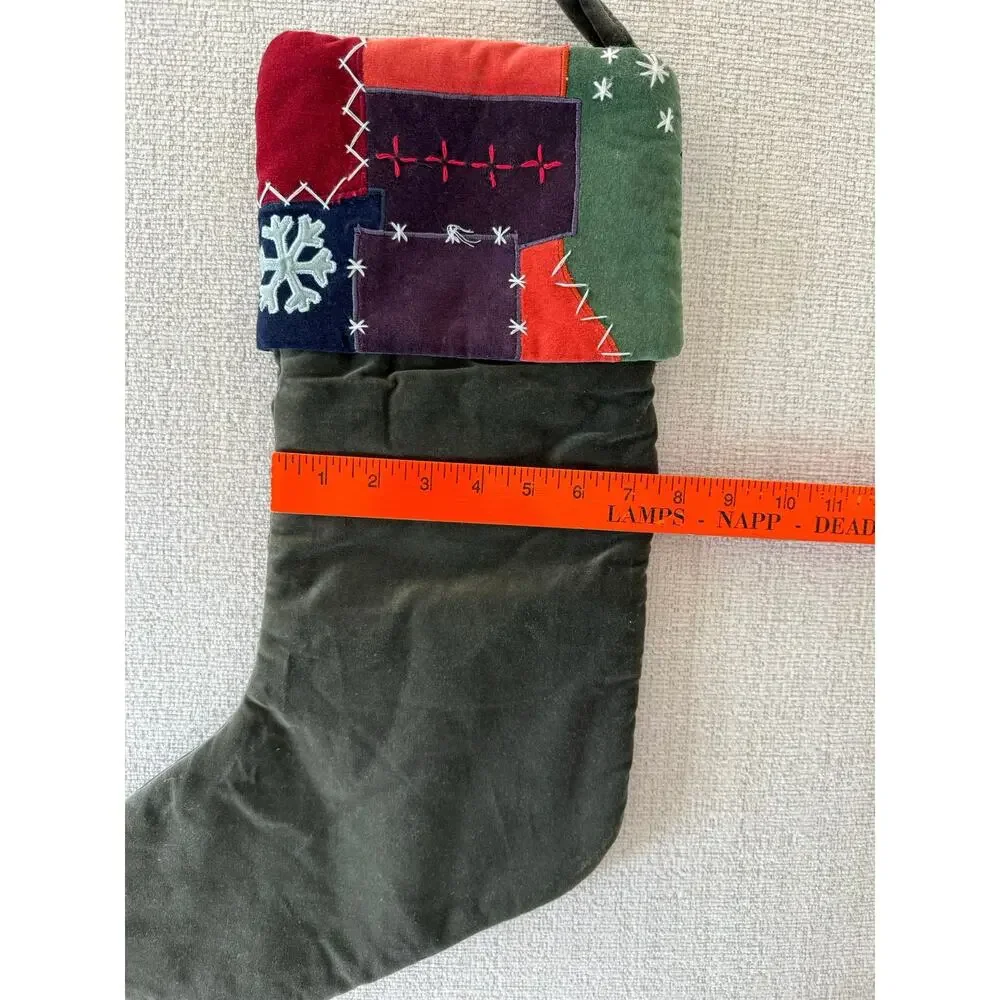 Velour Patchwork Christmas Stocking Green Cottage‎ Core Folk Art Country Decor